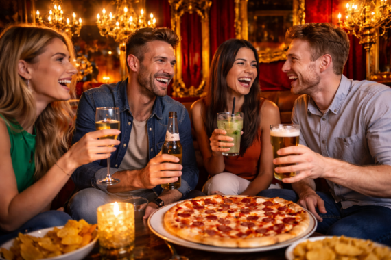 Groupe d’amis avec pizzas et boissons pendant une session blind test chez Arcanium