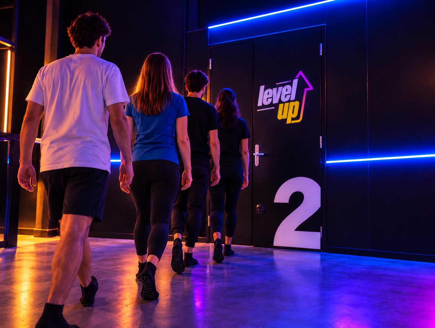 Joueurs se dirigeant vers la salle Level Up